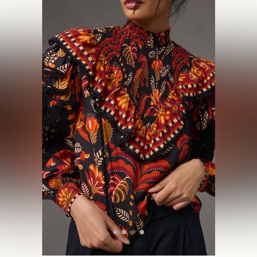 FARM Rio Black Multicolor High-Neck Ruffled Floral Blouse - Picture 3 of 6